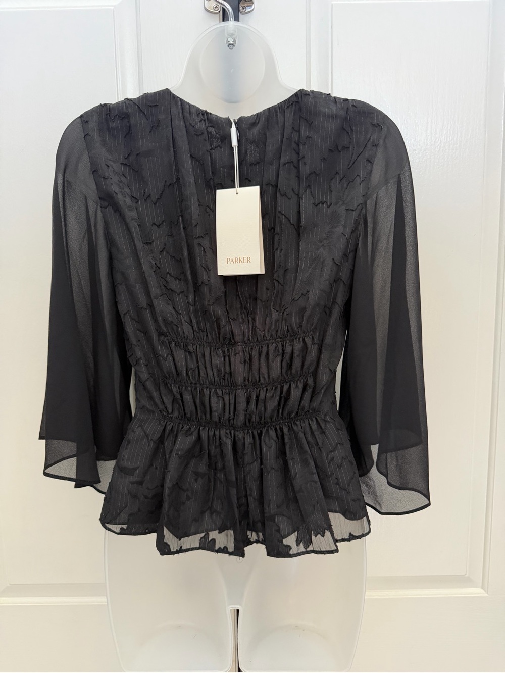 Parker Black Sheer Sleeve Ruffle-Detail Top Sz XS - Picture 3 of 3
